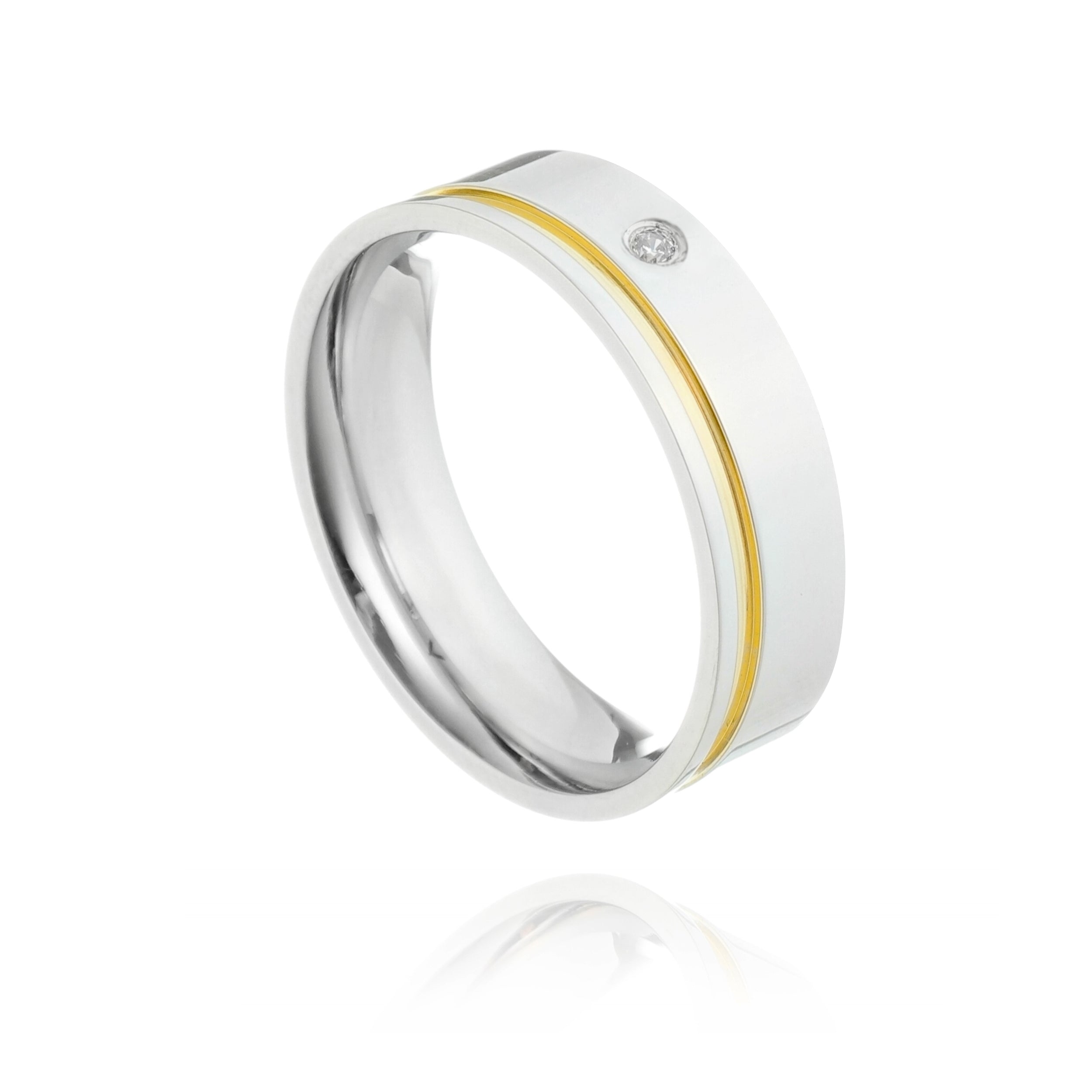 Alianza básica recta con filete dorado y circonia.